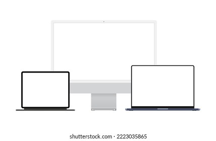 Silver Computer Monitor, Dark Blue Laptop and Tablet With Keyboard Stand, Isolated on White Background. Vector Illustration