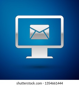 Silver Computer monitor and envelope, new message, mail, email icon isolated on blue background. Usage for e-mail newsletters, headers, blog posts. Vector Illustration