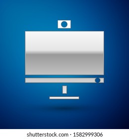 Silver Computer monitor icon isolated on blue background. PC component sign.  Vector Illustration