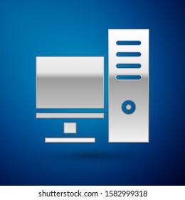 Silver Computer monitor icon isolated on blue background. PC component sign.  Vector Illustration