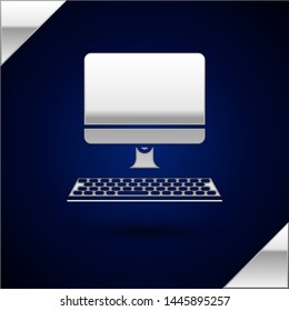 Silver Computer monitor with keyboard icon isolated on dark blue background. PC component sign.  Vector Illustration