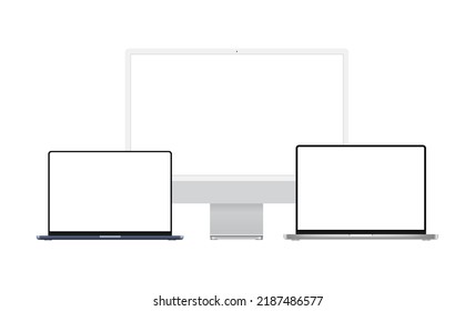 Silver Computer Monitor and Laptops with Blank Screens, Isolated on White Background. Vector Illustration