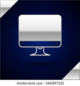 Silver Computer monitor screen icon isolated on dark blue background. Electronic device. Front view.   Vector Illustration