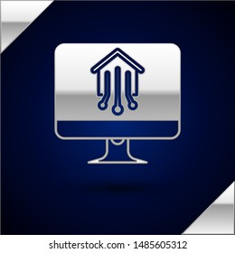 Silver Computer monitor with smart home icon isolated on dark blue background. Remote control.  Vector Illustration