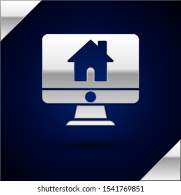 Silver Computer monitor with smart home icon isolated on dark blue background. Remote control.  Vector Illustration
