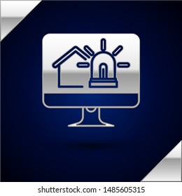 Silver Computer monitor with smart house and alarm icon isolated on dark blue background. Security system of smart home.  Vector Illustration