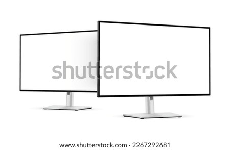 Silver Computer Monitors With Blank Screens, Side Perspective View, Isolated on White Background. Vector Illustration