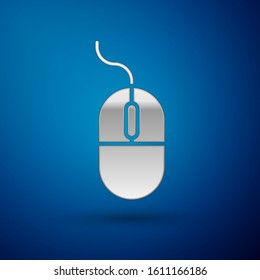 Silver Computer mouse icon isolated on blue background. Optical with wheel symbol.  Vector Illustration