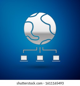 Silver Computer network icon isolated on blue background. Online gaming. Laptop network. Internet connection.  Vector Illustration