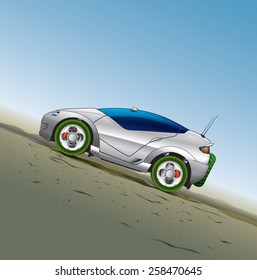 Silver concept car on green wheels in desert