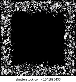 Silver Confetti Abstract Vector Black Background. Happy Ribbon Template. Streamer Decoration Design. Silver Christmas Invitation.