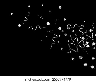 Silver Confetti Abstract Vector Black Background. Flying Star Template. Spiral Falling Design. Silver Christmas Plant.