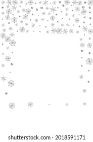 Silver Confetti Background White Vector. Snowflake Macro Illustration. Metal Flake Fall. Grey Flake Card.