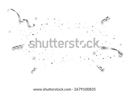 Silver confetti birthday background. Platinum ribbons, stars and confetti party pattern. Congratulations white horizontal banner with copy space. Festive elegant vector illustration.