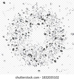 Silver Confetti Carnival Vector Transparent Background. Flying Streamer Template. Serpentine Isolated Invitation. Silver Celebrate Plant.