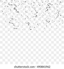 Silver confetti celebration isolated on white background. Falling abstract decoration for party, birthday celebrate, anniversary or Christmas, New Year. Festival decor. Vector illustration