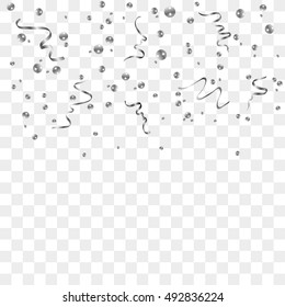 Silver confetti celebration, isolated on transparent background. Falling abstract decoration for party, birthday celebrate, anniversary or event, festive. Festival decor. Vector illustration