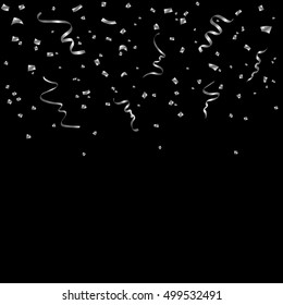 Silver confetti celebration isolated on black background. Falling abstract decoration for party, birthday celebrate, anniversary or Christmas, New Year. Festival decor. Vector illustration