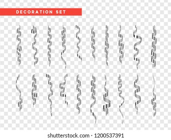 Silver confetti celebration. Ribbon serpentine, isolated with transparency background effect.