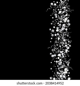 Silver Confetti Celebration Vector Black Background. Fun Star Invitation. Streamer Christmas Plant. Silver Flying Template.