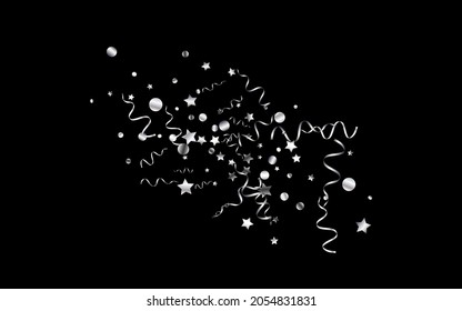 Silver Confetti Christmas Vector Black Background. Paper Streamer Invitation. Ribbon Celebrate Template. Silver Fun Poster.