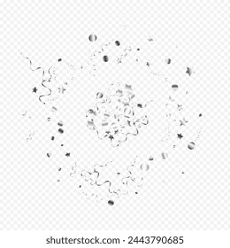Silver Confetti Christmas Vector Transparent Background. Fun Star Illustration. Serpentine Anniversary Poster. Silver Swirl Design.