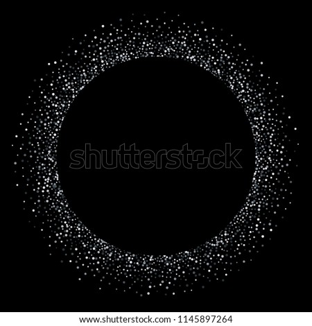 Silver confetti circle frame or shiny glitter particles background. Vector sparkling dots luxury fashion design for Christmas, New Year or birthday cards