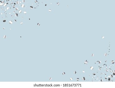 Silver Confetti Decoration Vector Blue Background. Party Star Poster. Streamer Falling Branch. Silver Christmas Invitation.