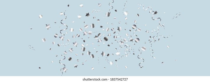 Silver Confetti Decoration Vector Panoramic Blue Background. Paper Star Template. Streamer Party Plant. Silver Shiny Branch.