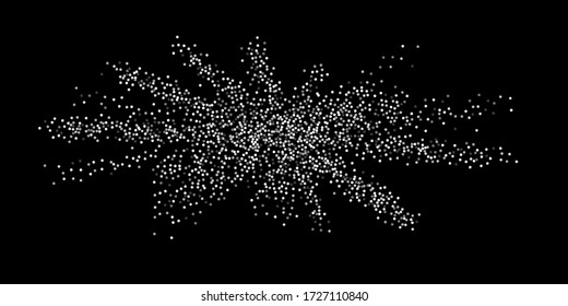 Silver confetti dots on a black background. Luxury holiday background. Silver grainy abstract texture shimmers on a black background. Design element. Vector illustration, eps 10.