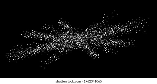Silver confetti dots on a black background. Luxury holiday background. Silver grainy abstract texture shimmers on a black background. Design element. Vector illustration, eps 10.