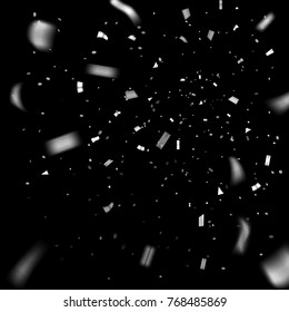Silver confetti explosion celebration isolated on black background. Falling golden confetti. Abstract decoration for party birthday. Celebrate Christmas, New Year confetti Vector illustration