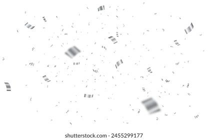 Silver confetti. Falling decoration elements. Shiny defocused serpentine. Anniversary tinsel on white background. Confetti explosion for greeting card. Vector illustration.