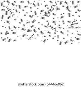 Silver Confetti Falling On White Background. Vector