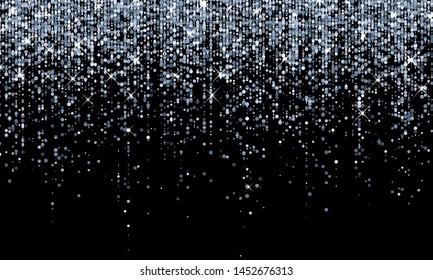 Silver confetti falling, sparkling glitter background. Vector carnival party silver confetti shine on black background