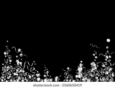 Silver Confetti Flying Vector Black Background. Fun Star Design. Serpentine Falling Invitation. Silver Paper Template.