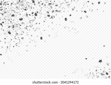 Silver Confetti Flying Vector Transparent Background. Celebrate Ribbon Invitation. Spiral Shiny Template. Silver Abstract Design.