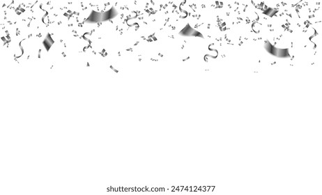 Silver confetti foil fall splashing in air. Many glitter decoration party, holiday, birthday and congratulation trendy