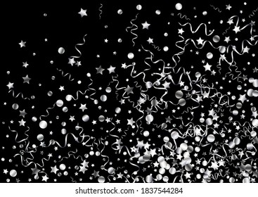 Silver Confetti Fun Vector Black Background. Flying Serpentine Template. Streamer Carnival Illustration. Silver Celebrate Poster.