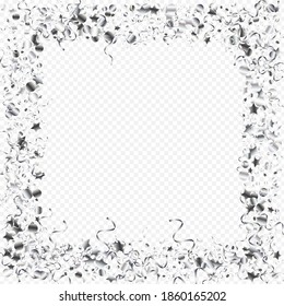 Silver Confetti Fun Vector Transparent Background. Shiny Serpentine Poster. Spiral Flying Branch. Silver Carnival Template.