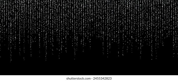 Silver confetti garland on dark background. Falling glitter and sparkle wallpaper. White and grey shining dots repeating pattern. Magic dust sparkling decoration for Christmas. Vector backdrop