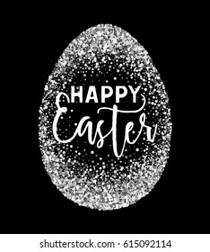 Silver confetti Happy Easter greeting card with egg on black background. Calligraphy lettering design element for greeting cards, banners, posters, invitations, postcards. Vector illustration.