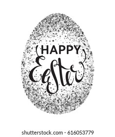 Silver confetti Happy Easter greeting card with egg on white background. Calligraphy lettering design element for greeting cards, banners, posters, invitations, postcards. Vector illustration.