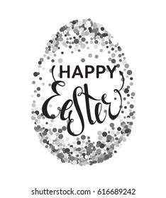 Silver confetti Happy Easter greeting card with egg on white background. Calligraphy lettering design element for greeting cards, banners, posters, invitations, postcards. Vector illustration.