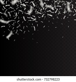 Silver confetti isolated on black background. Festive vector illustration