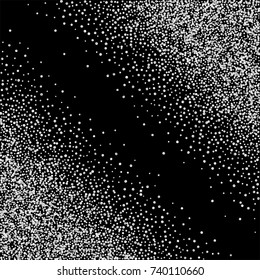 Silver confetti on a black background. Luxury New Year Background. Silver grained abstract texture sparkles and flickers. Element of design. Vector illustration, EPS 10.