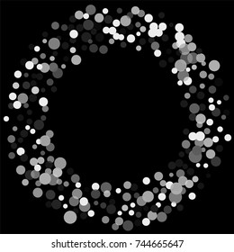 Silver confetti on a black background. Luxury festive background. Silver translucent abstract dots are scattered on a black background. Element of design. Vector illustration, EPS 10.