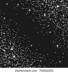Silver confetti on a black background. Luxury festive background. Silver grainy abstract texture on a black background. Element of design. Vector illustration, EPS 10.