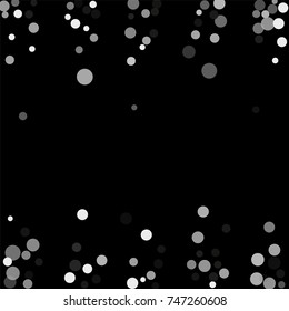 Silver confetti on a black background. Luxury festive background. Silver translucent abstract dots are scattered on a black background. Element of design. Vector illustration, EPS 10.