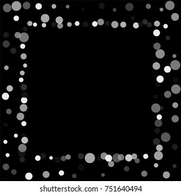 Silver confetti on a black background. Luxury festive background. Silver translucent abstract dots are scattered on a black background. Element of design. Vector illustration, EPS 10.